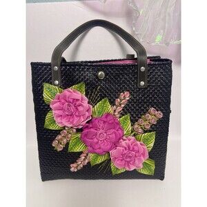 Black Tote Bag Dimensional Fabric Ribbon Flowers/Leaves Pink Lining Snap Top